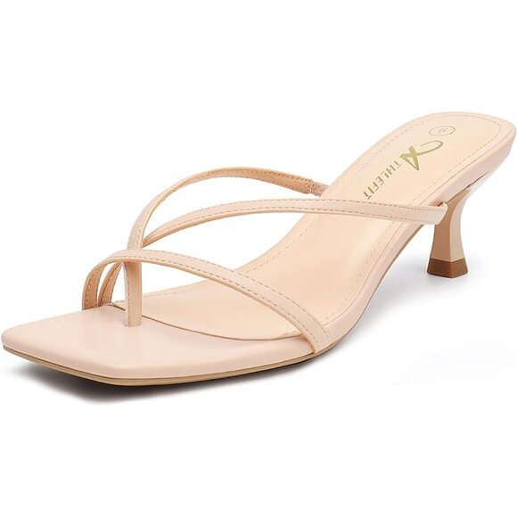 Athlefit Women's Nude Polyurethane Square Open Toe Kitten Heels Thong Sandals - Picture 1 of 6